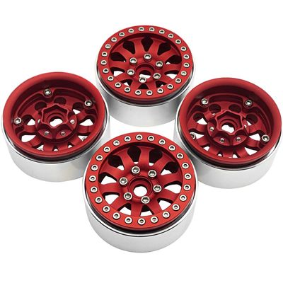 4Pcs Aluminum 1.9" Beadlock Wheel Rim for 1/10 RC Axial SCX10 CC01 F350 D90 90034, Silver Red