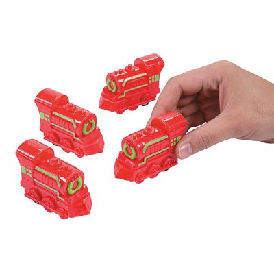 Fun Express Christmas Train Pullback Racer Toys Holiday-Themed Pullback Cars for Kids Stocking Stuffers Party Favors or Classroom Rewards Fun Engaging for Boys Girls Assorted Colors 12 Pieces