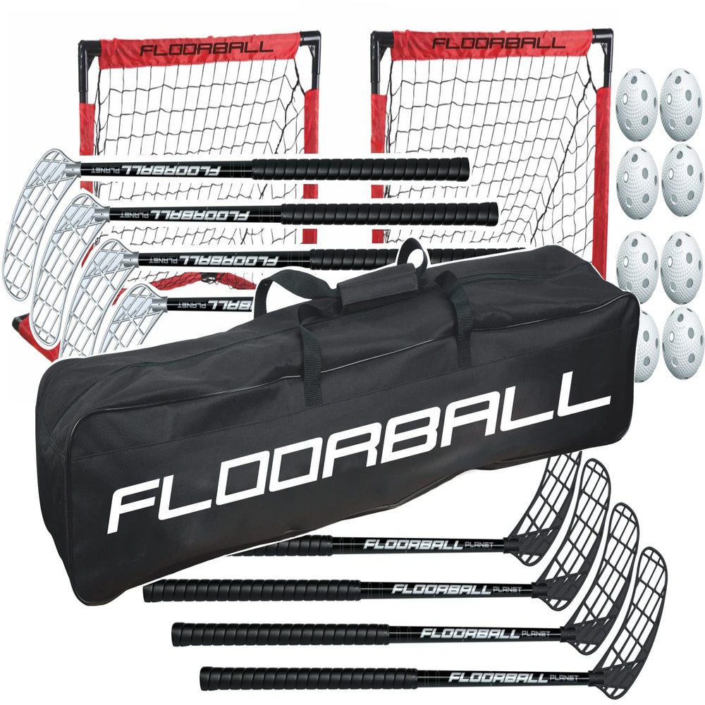 FloorballPlanet 4v4 Floorball Kid Set 75 cm Straight Blade Sticks, 8 Balls, 2 Goals & Stickbag
