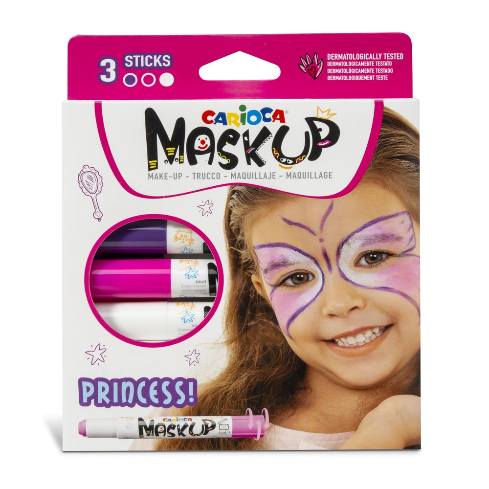 CARIOCA Mask Up Princess, Face Painting Kit for Girls, Make-up Sticks Ideal for Christmas, Halloween, Carnival and Parties - 3 Colours and 2 Tutorials - Dermatologically Tested