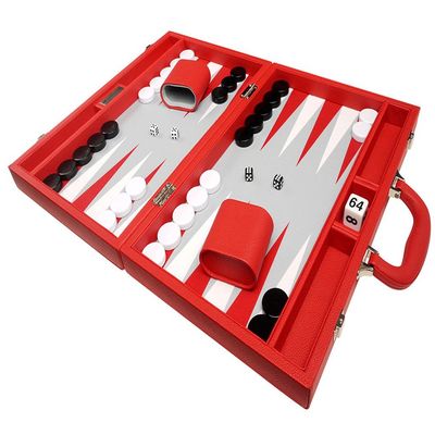 16-inch Premium Backgammon Game Set - Red Board - Grey Field - White and Red Points