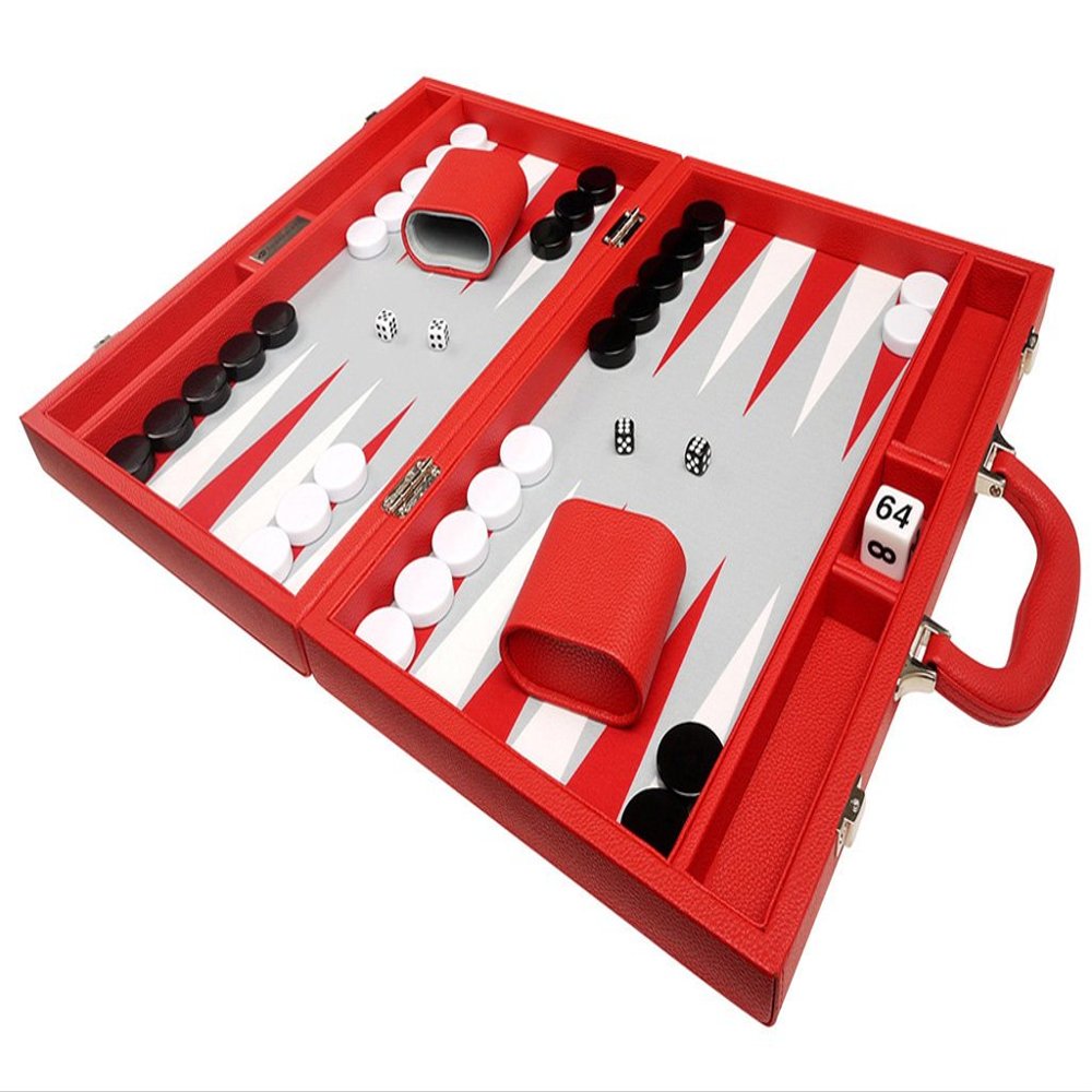 16-inch Premium Backgammon Game Set - Red Board - Grey Field - White and Red Points