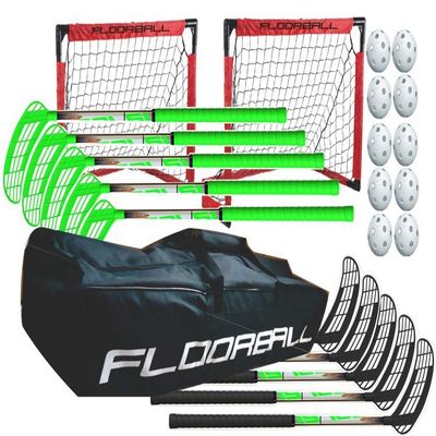 Score One Floorball Stick Set, 5v5 for Kids Ages 5-10. Play Floorball Games with 10 Straight Blade Floorball Sticks in 75 cm Length, 10 Balls, 2 Folding Goals and a Big stickbag.