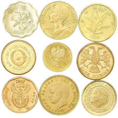 Set of 9 Coins from 9 Different Countries Brass Coins LOT