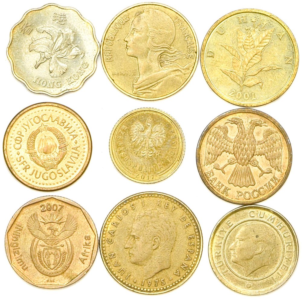Set of 9 Coins from 9 Different Countries Brass Coins LOT