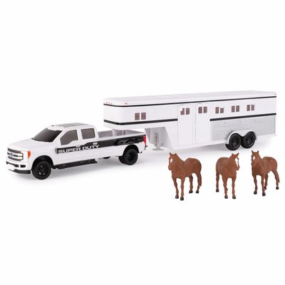 1/32 Ford F-350 Pickup with Horse Trailer and Horses Pretend Play & Imaginative Play for Ages 3 to 11