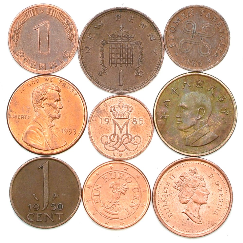 Set of 9 Coins from 9 Different Countries Copper Coins LOT