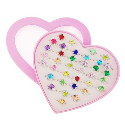 Sunmall 36pcs Little Girl Adjustable Rhinestone Gem Rings Set with Heart Shape Display Case, Jewelry Rings for Kids Pretend Play and Dress Up