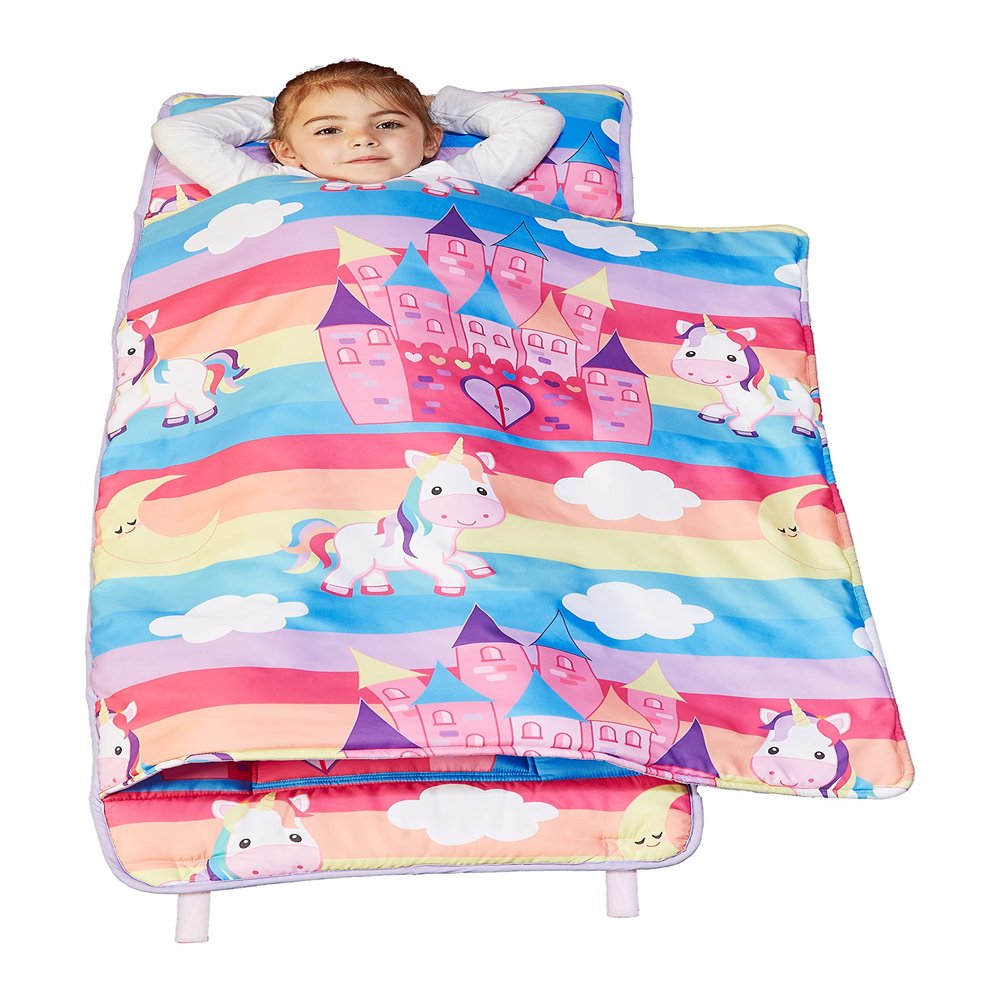 EVERYDAY KIDS Nap Mat with Removable Pillow - Unicorn Dreams - Carry Handle with Straps Closure, Rollup Design, Soft Microfiber for Preschool, Daycare, Travel Sleeping Bag - Ages 3-6 Years