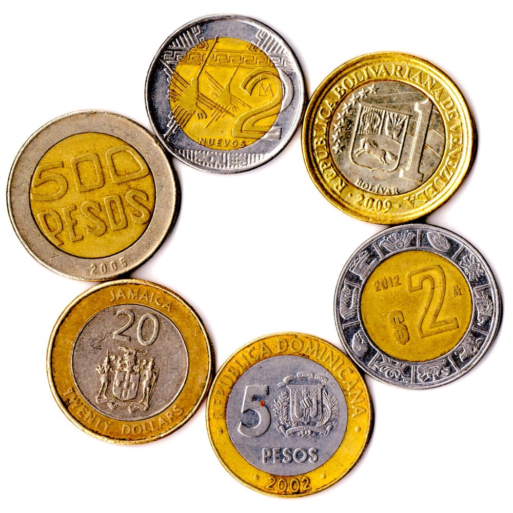 6 Coins from 6 Different Countries BIMETAL Coins North, South, Latin America