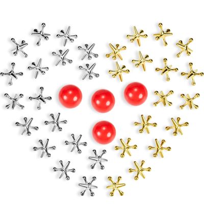 Gejoy 4 Set Vintage Metal Jacks and Ball Skill Kit Retro Hand-Eye Coordination Board Include 40 Pieces Metallic Jacks and 4 Pieces Red Rubber Balls with Bag for Adult Party Favor