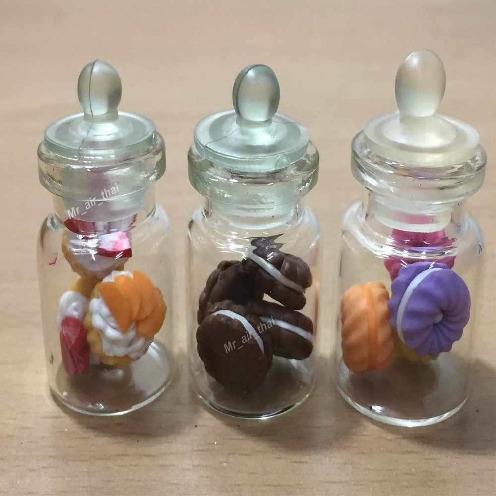 3pc Miniature Food Chocolate Cake Candy Cookie Dollhouse Cake in Clear Glass Mini Bottle Fruit Food #MF085
