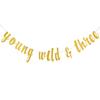 Young Wild & Three Banner Gold Glitter, Young Wild and Three Decorations, Happy Birthday 3rd Banner, 3rd Birthday Decorations view 1