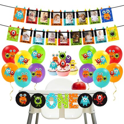 Kreatwow Monster 1st Birthday Decorations Kit Monster Theme Photo Banner Balloons Cupcake Toppers One High Chair Banner for Little Monsters Party Supplies