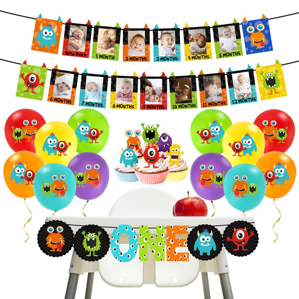 Kreatwow Monster 1st Birthday Decorations Kit Monster Theme Photo Banner Balloons Cupcake Toppers One High Chair Banner for Little Monsters Party Supplies