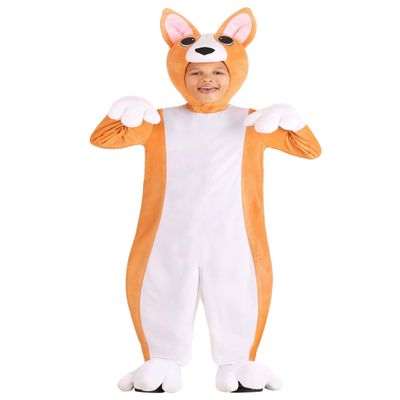 Corgi Costume for Kids, Plush Orange and White Cute Dog Jumpsuit with Hood and Mittens Large