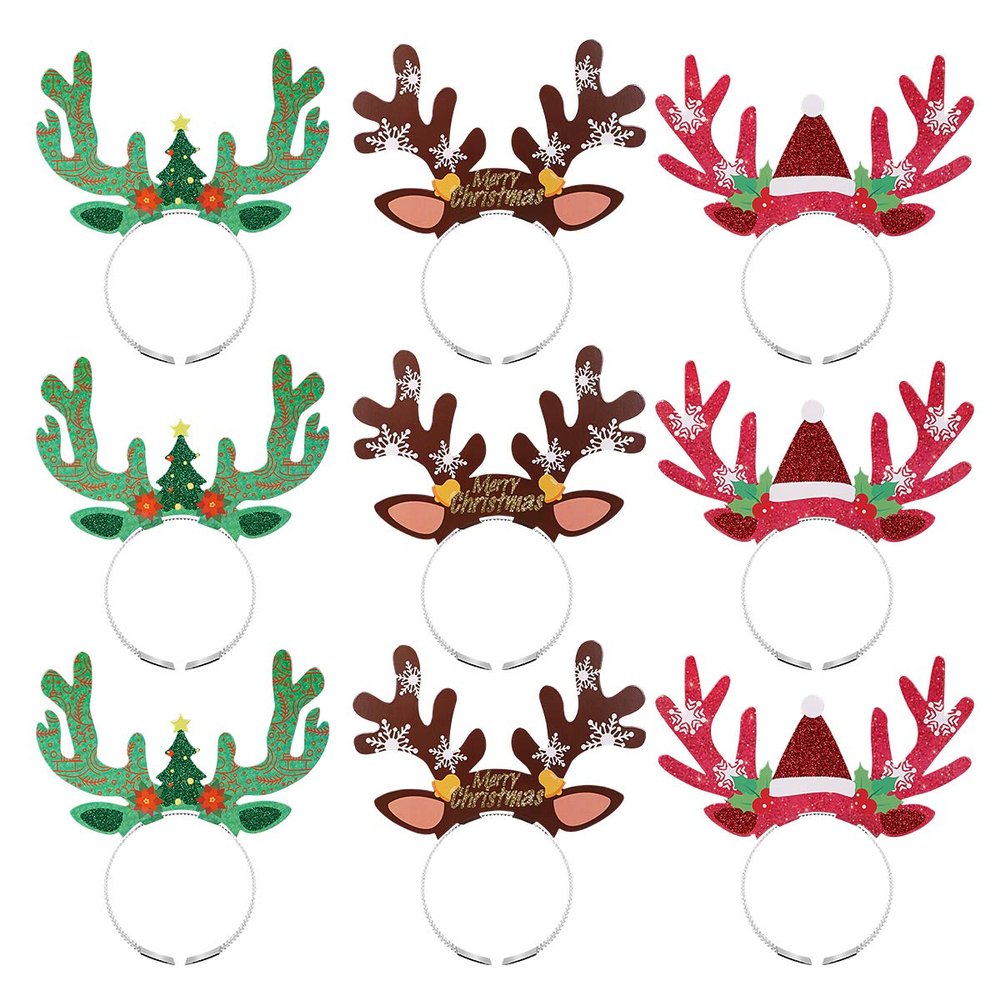 Amosfun Christmas Reindeer Antlers Headband Christmas Party Dress Up Hair Hoop with Ears Xmas Hair Accessories Reindeer Antler Party Hats for 9PCS
