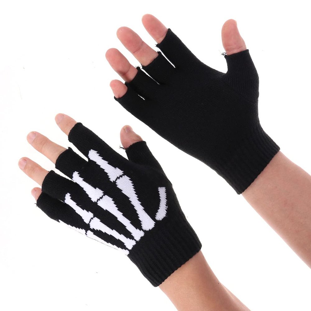 Amosfun Skeleton Gloves Half Finger Glove Unisex Halloween Decoration