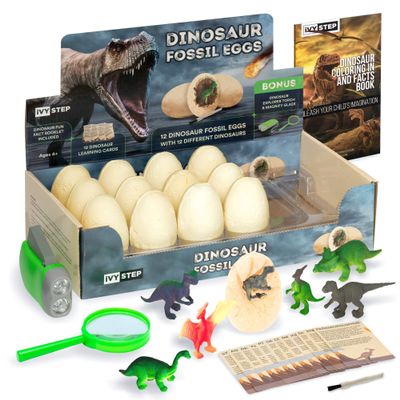 Dinosaur Fossil Dig Kit - Kids Explorer Kit w/Egg Excavation Tools - Toy Dinosaur Eggs, Chisel Tools, Dinosaur Play Cards, Explorer Flashlight, & Magnifying Glass - Kid Toys, Kids Gift, Party Favors