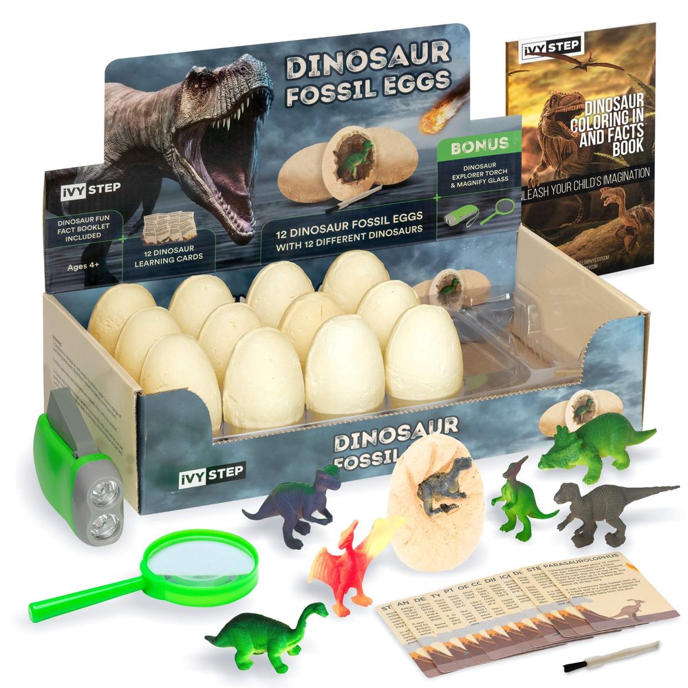 Dinosaur Fossil Dig Kit - Kids Explorer Kit w/Egg Excavation Tools - Toy Dinosaur Eggs, Chisel Tools, Dinosaur Play Cards, Explorer Flashlight, & Magnifying Glass - Kid Toys, Kids Gift, Party Favors