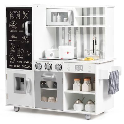 Costzon Kids Kitchen Playset, Wooden Pretend Chef Cooking Set with Simulated Sound, Accessory Utensils, Fringe, Blackboard, Water Dispenser, Oven, Sink, Toddler Kitchen Toy Set Gift for Boys Girls 3+