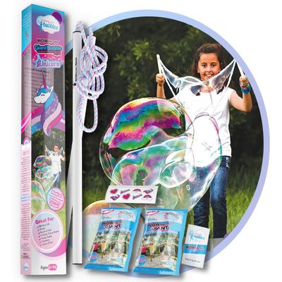 WOWMAZING Giant Bubble Kit: Unicorn - Incl. Wand, 2 Big Bubble Concentrate Pouches and 8 Sun-Activated Magical Stickers | Outdoor Toy for Kids, Girls | Bubbles Made in The USA - Unicorn Kit