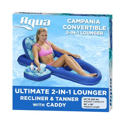 Aqua Campania Ultimate 2-in-1 Pool Float Lounge  Extra Large  Inflatable Pool Floats for Adults with Adjustable Backrest & Cupholder Caddy  Teal Hibiscus
