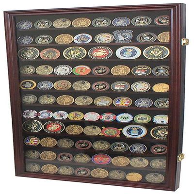 Flags connections Large Military Challenge Coin Display Case Cabinet Rack Holder, Poker Chip, Geo Coin Display Cabinet (Mahogany Finish)