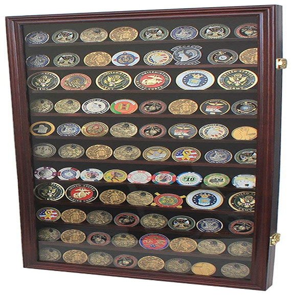 Flags connections Large Military Challenge Coin Display Case Cabinet Rack Holder, Poker Chip, Geo Coin Display Cabinet (Mahogany Finish)