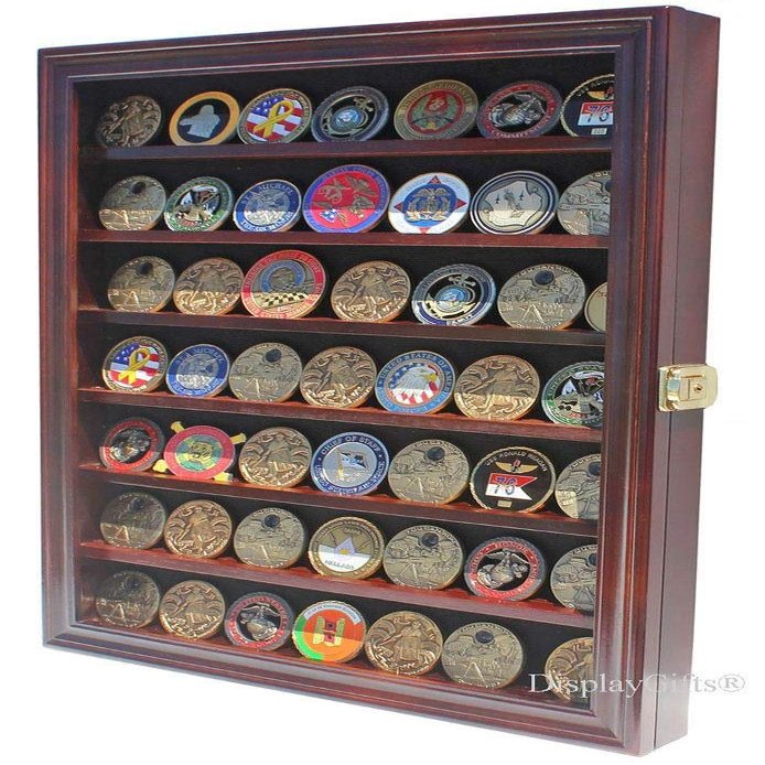flag connections Lockable Military Challenge Coin Display Case Cabinet Rack Holder (Mahogany Finish)