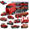 19 Pcs Fire Truck with Firefighter Toy Set, Mini Die-cast Fire Engine Car in Carrier Truck, Mini Rescue Emergency Double Side Transport Vehicle for Kid Child Boy Girl Birthday Christmas Party Favors view 1