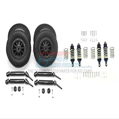 GPM For Traxxas Rustler 4X4 VXL (67076-4) Upgrade Parts Front & Rear Aluminum Shocks + Steel #45 Axles + Spring Steel Hex + Rubber Tires With Metal Rim (Low Center Of Gravity Set) - 68Pc Set Black
