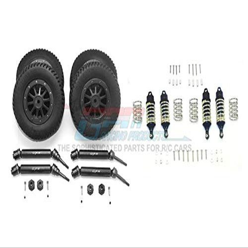 GPM For Traxxas Rustler 4X4 VXL (67076-4) Upgrade Parts Front & Rear Aluminum Shocks + Steel #45 Axles + Spring Steel Hex + Rubber Tires With Metal Rim (Low Center Of Gravity Set) - 68Pc Set Black