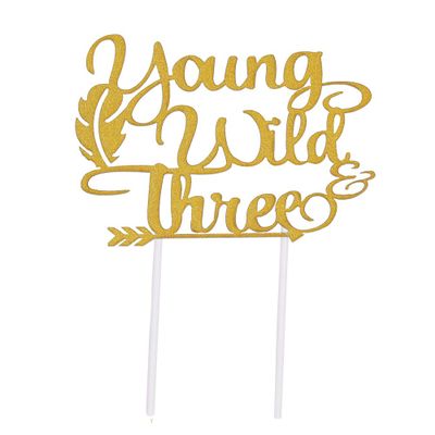 Topfun Double Sided Gold Glitter Young Wild & Three Cake Topper for Wild Three Boho Tribal Themed 3rd Birthday Party Supplies
