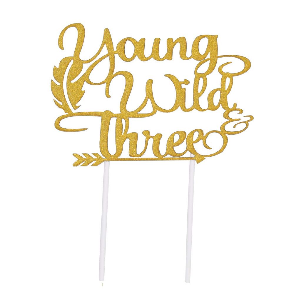 Topfun Double Sided Gold Glitter Young Wild & Three Cake Topper for Wild Three Boho Tribal Themed 3rd Birthday Party Supplies