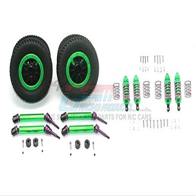 GPM For Traxxas Rustler 4X4 VXL (67076-4) Upgrade Parts Front & Rear Aluminum Shocks + Steel #45 Axles + Spring Steel Hex + Rubber Tires With Plastic Rim (Low Center Of Gravity Set) - 68Pc Set Green