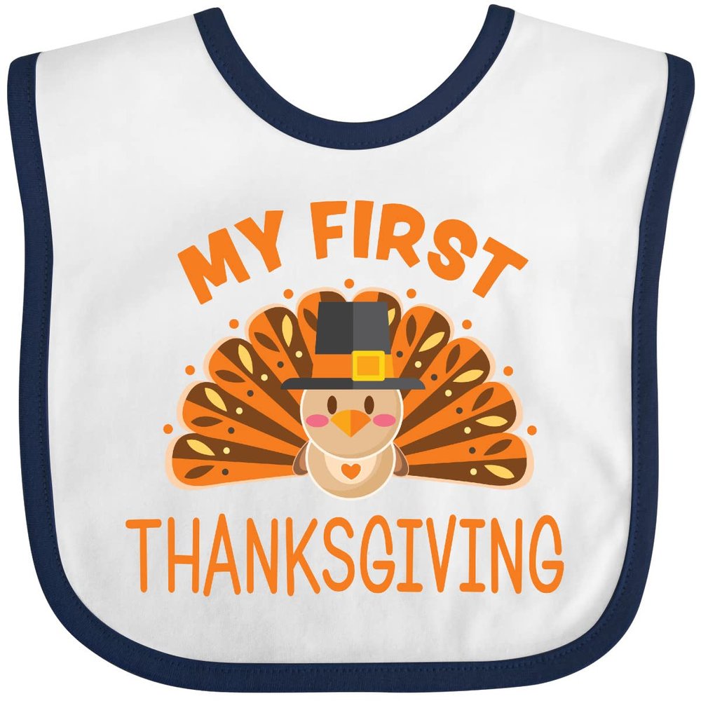 inktastic Cute Turkey My 1st Thanksgiving Baby Bib White and Navy 37922