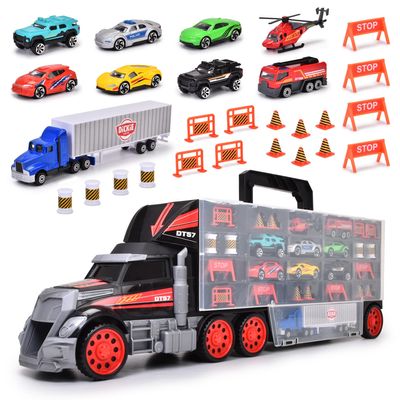 DICKIE TOYS - Truck Carry Case Playset 1:64 Scale Diecast - Hold up to 42 Cars - Includes 7 Cars, Helicopter, Big Rig and 18 Accessories -Ages 3+