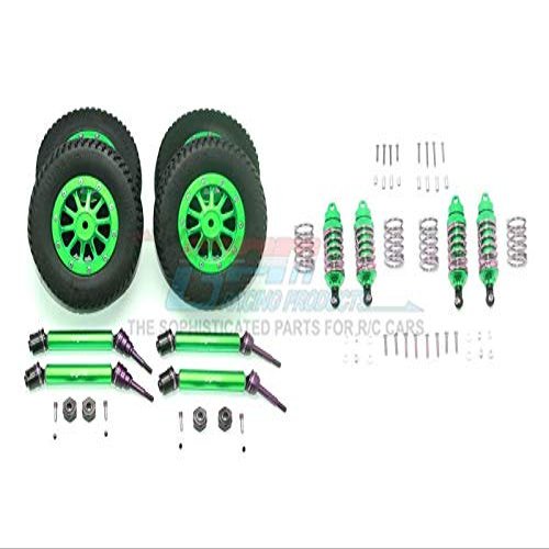 GPM For Traxxas Rustler 4X4 VXL (67076-4) Upgrade Parts Front & Rear Aluminum Shocks + Steel #45 Axles + Spring Steel Hex + Rubber Tires With Metal Rim (Low Center Of Gravity Set) - 68Pc Set Green