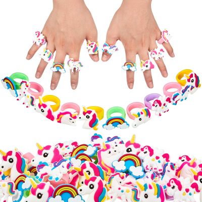 Gejoy 48 Pieces Unicorn Rings for Girls Unicorn Party Favors Multi-color Rubber Rainbow Rings for Cupcake Birthday Party