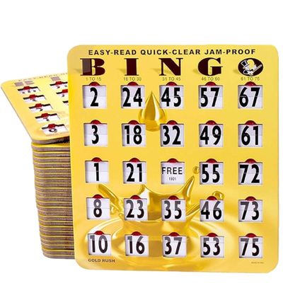 MR CHIPS Jam-Proof Easy-Read Quick-Clear Large Print Fingertip Slide Bingo Cards with Sliding Windows 200 Pack in Gold Rush Style