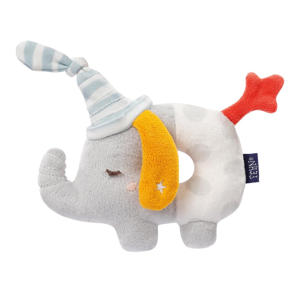 Fehn 053111 Ring Grasping Toy Elephant - Motor Skills Toy with Rattle &"Glow-in-The-Dark" Embroidery - Faithful Companion for Babies and Toddlers from 0+ Months