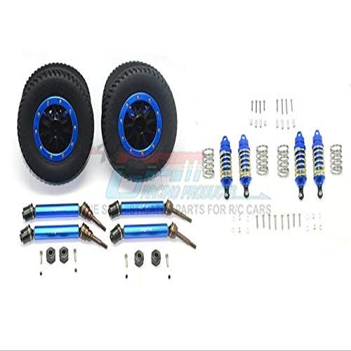 GPM For Traxxas Rustler 4X4 VXL (67076-4) Upgrade Parts Front & Rear Aluminum Shocks + Steel #45 Axles + Spring Steel Hex + Rubber Tires With Plastic Rim (Low Center Of Gravity Set) - 68Pc Set Blue