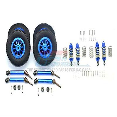 GPM For Traxxas Rustler 4X4 VXL (67076-4) Upgrade Parts Front & Rear Aluminum Shocks + Steel #45 Axles + Spring Steel Hex + Rubber Tires With Metal Rim (Low Center Of Gravity Set) - 68Pc Set Blue