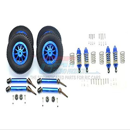 GPM For Traxxas Rustler 4X4 VXL (67076-4) Upgrade Parts Front & Rear Aluminum Shocks + Steel #45 Axles + Spring Steel Hex + Rubber Tires With Metal Rim (Low Center Of Gravity Set) - 68Pc Set Blue