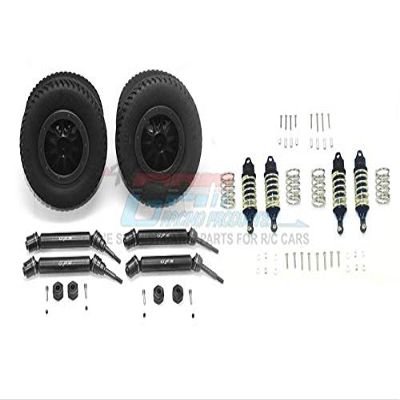 GPM For Traxxas Rustler 4X4 VXL (67076-4) Upgrade Parts Front & Rear Aluminum Shocks + Steel #45 Axles + Spring Steel Hex + Rubber Tires With Plastic Rim (Low Center Of Gravity Set) - 68Pc Set Black