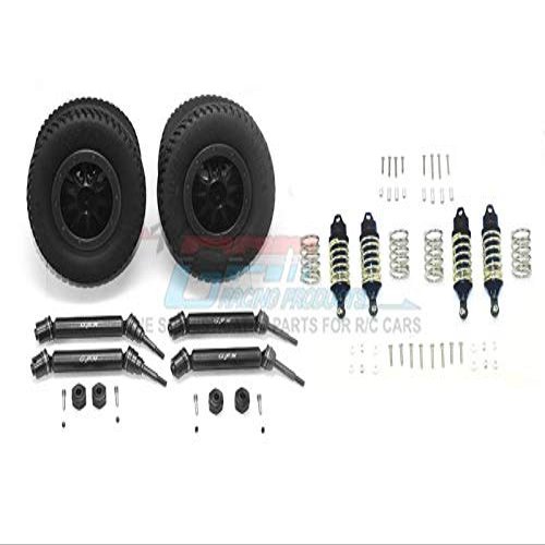 GPM For Traxxas Rustler 4X4 VXL (67076-4) Upgrade Parts Front & Rear Aluminum Shocks + Steel #45 Axles + Spring Steel Hex + Rubber Tires With Plastic Rim (Low Center Of Gravity Set) - 68Pc Set Black