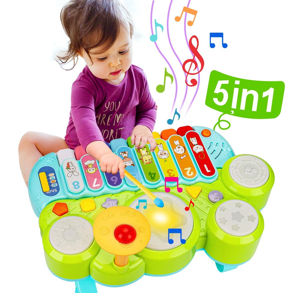Baby Piano Drum Set for Toddlers 1-3, Musical Toys 3 in 1 Baby DJ Table Piano Keyboard Xylophone Instruments for 1 2 Year Old Boys Girls Music & Light Activity Table 6-12-18 Months Old Birthday Gifts
