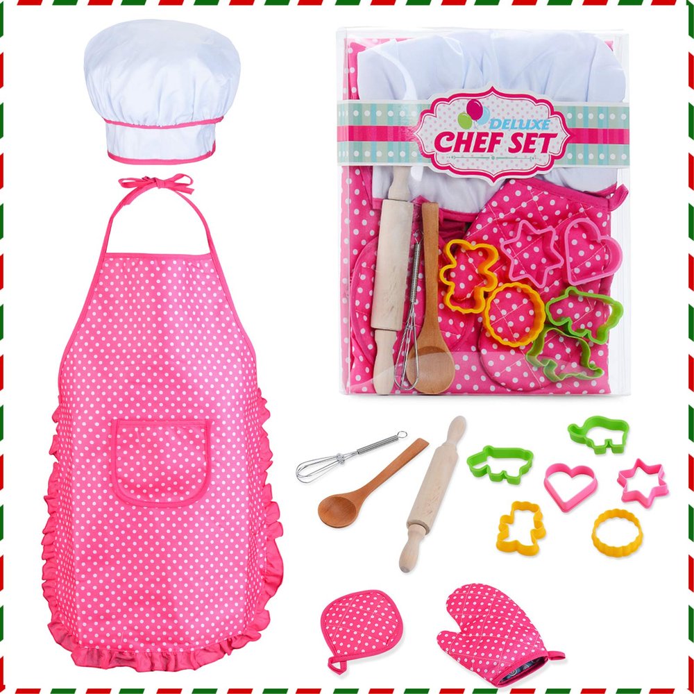 HmiL-U Chef Set for Kids - 13 Pcs Kid Cooking and Baking Sets Includes Apron, Hat, Utensils, Cooking Mitt for Kids Chef Role Play Sets , Gift for 3 Year Old Girls and up