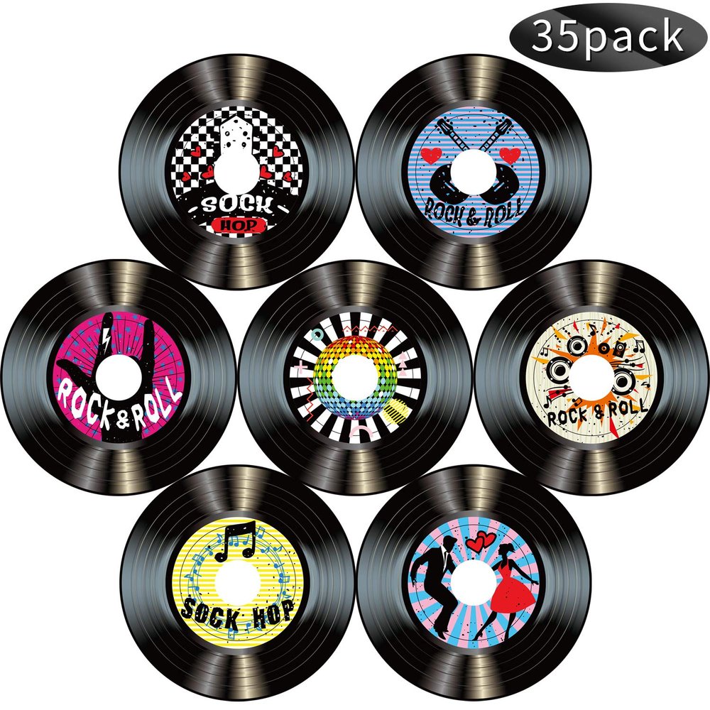 Boao 35 Pieces 7 Inch 1950's Records Decor Rock and Roll Music Party Decorations Retro 70's Wall Decor Fake Records Sign Cutouts for Disco Birthday Music Theme Party Decoration